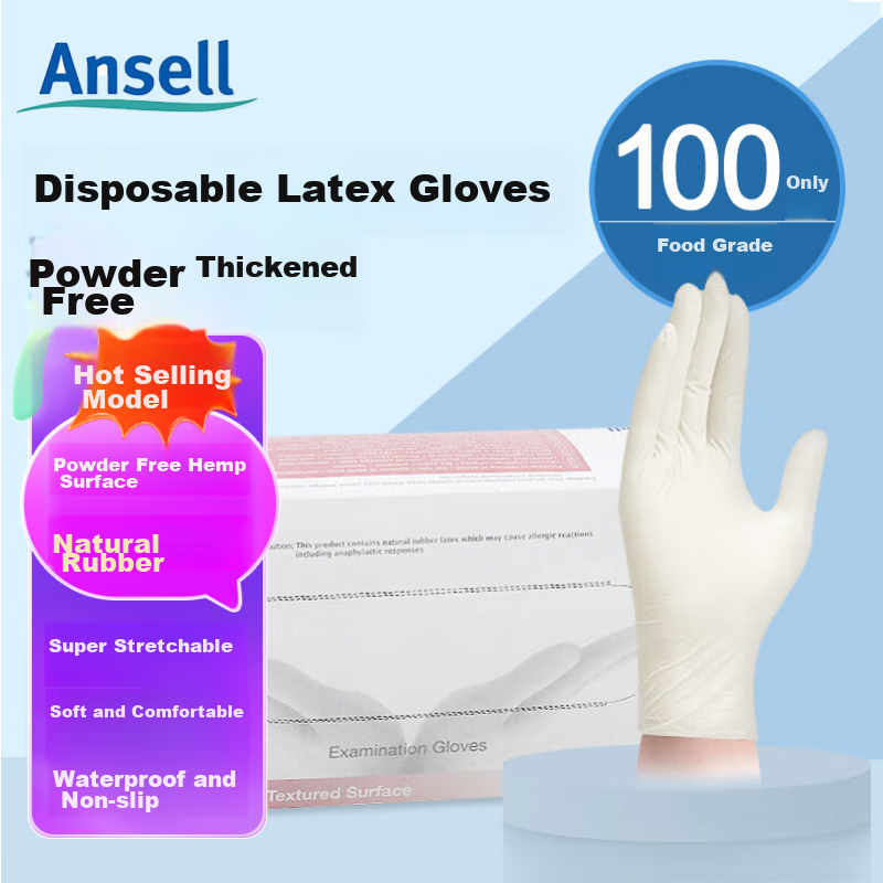 Ansell 457X Disposable Latex Gloves, Powder-Free, Thick And Durable, Non-Slip, Chemical-Resistant for Laboratory, Food Handling, Cleaning, Inspection And Household Use, Cream White Color, 100 Pieces/Box, Large Size