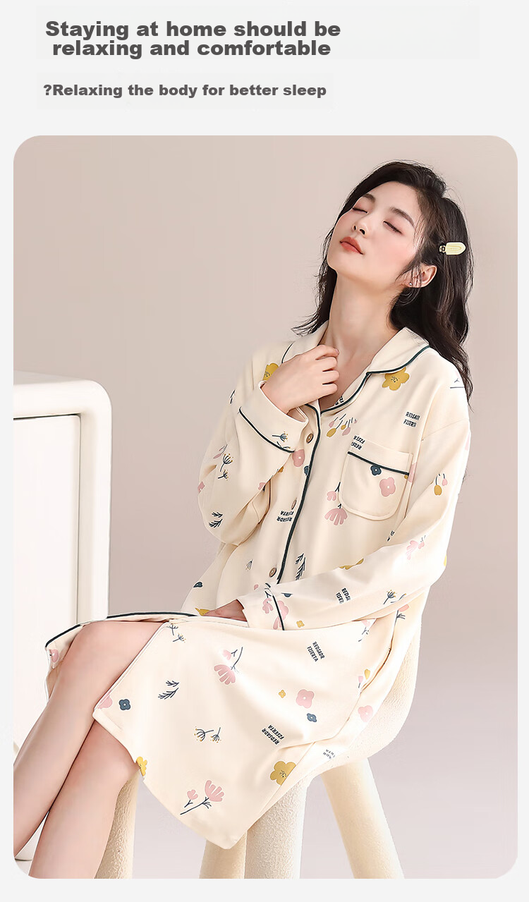 MiiOW [Anti-Mite Antibacterial Pure Cotton] Women's Nightgown with Chest Pads, Floral Print Cardigan, Plus Size Loungewear, Apricot Color, XL 11