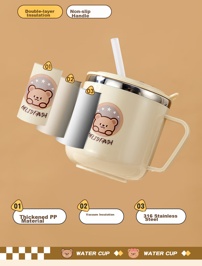 WORTHBUY 316 Stainless Steel Children's Milk Cup, Baby Drinking Cup, Double-Layer Anti-Scalding with Scale And Straw Cup, Bear Desig 5