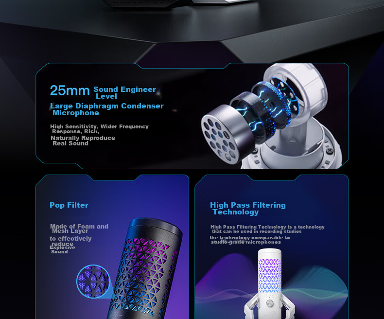 ROG Kaniexi Professional Microphone, Desktop Microphone for Live Streaming, Singing-Specific Microphone, Karaoke Essential, Professional Host High-Q Filter Noise Reduction RGB White 2