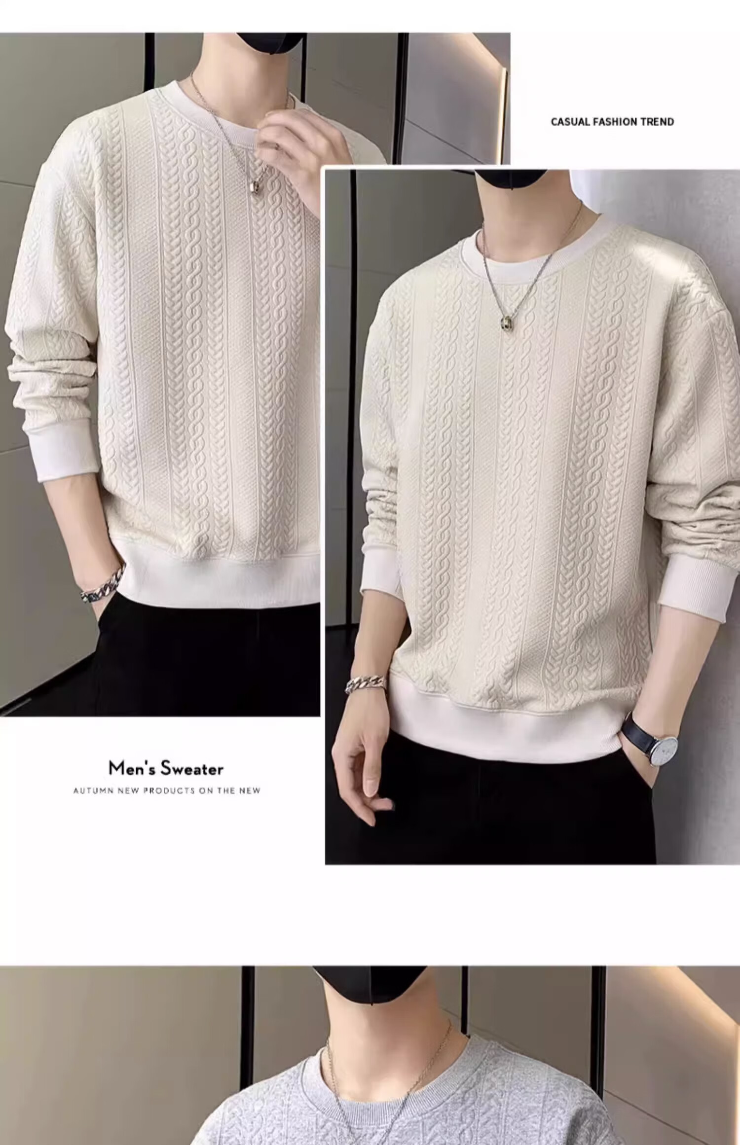 Dingfengbaoluo Men's Long-Sleeve T-Shirt, Spring Versatile Fashion Jacquard Sweatshirt, Loose Trendy Top, JE2221 White XL 11