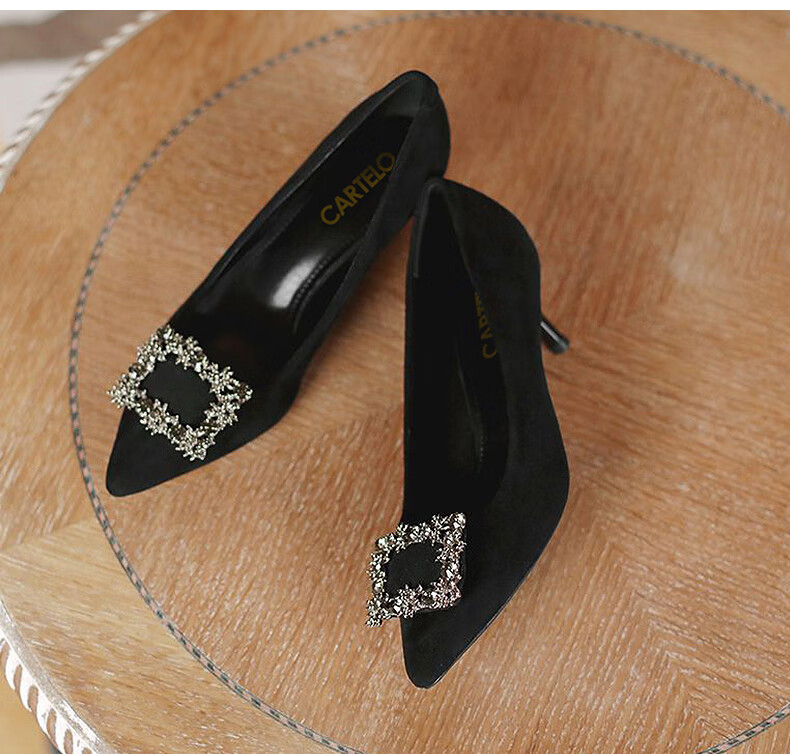 CARTELO Rhinestone Pointed Toe Pumps with Snowflake Buckle, KCC-6688 Black (3cm), Size 38 11