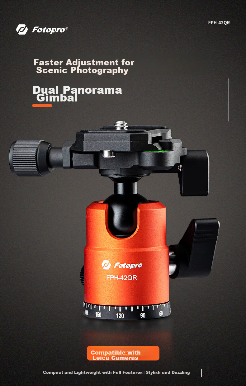 Fotopro 42QR, 3/8 Screw Hole, Dual Panoramic 360-Degree Rotation Camera Tripod Head, Compatible with Leica Cameras, Matte Gray Color 1