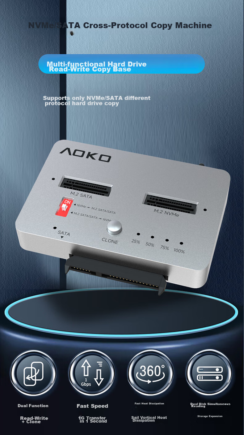 AOKO NVMe to SATA SSD Cloner, M.2 Cross-Protocol Cloning Base, Data Copier, 2.5/3.5-Inch Mechanical Hard Drive Cloner, NVMe Cloning Device, MM28SL 2