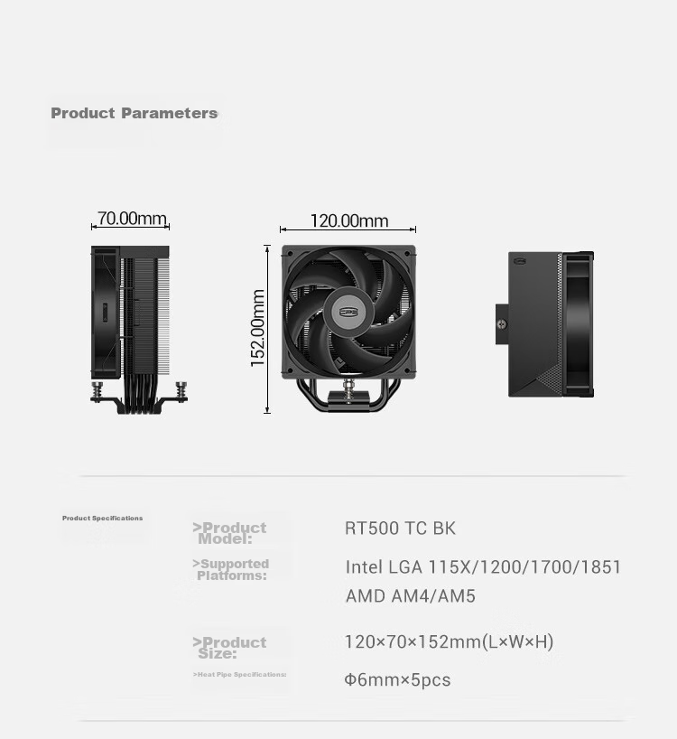 PCCOOLER RT500 Digital Display, BK Matte Black, CPU Air Cooler (5 Heat Pipes / Temperature Display / High-Performance Fan / Triangular Wave Fin / 1700/AM5) 8