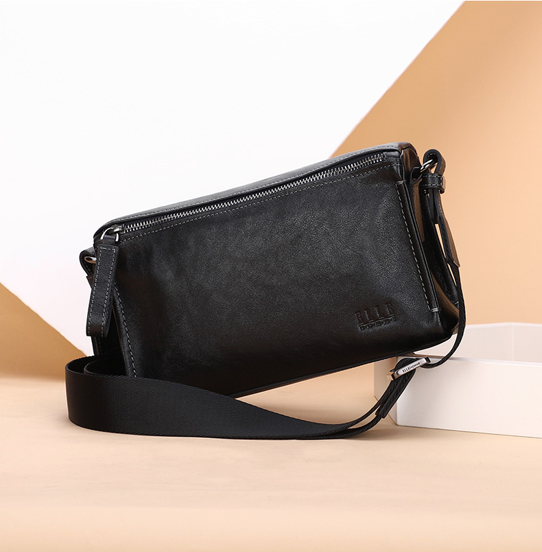 ELLE HOMME Men's Crossbody Bag, Fashionable Genuine Leather Shoulder Bag, Casual Large-Capacity Small Satchel Cowhide Men's Bag 206730 Black Birthday Gift for Boyfriend 8