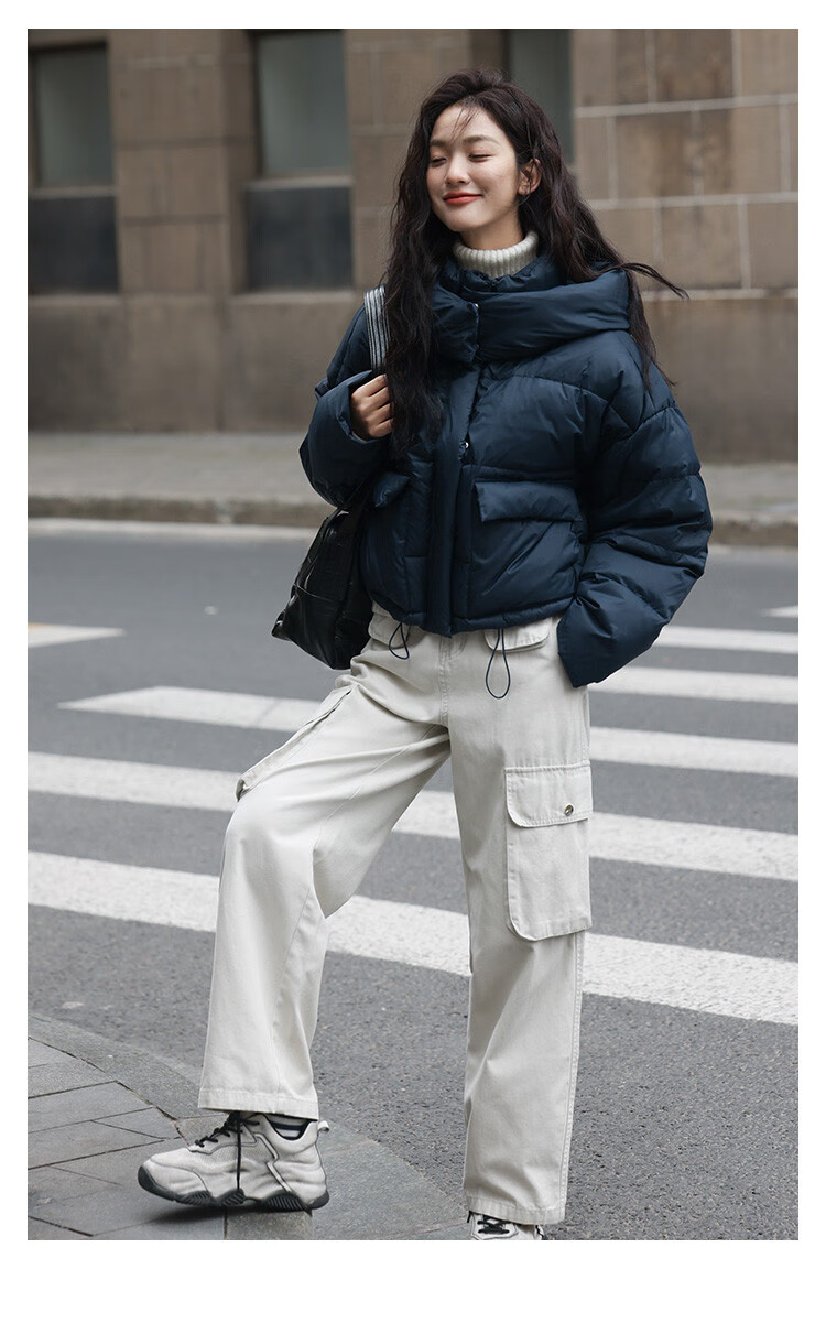 Dme [Navy Blue Short Down Jacket with Large Pockets], Winter Hooded Windproof Button Design down Coat for Wome 3