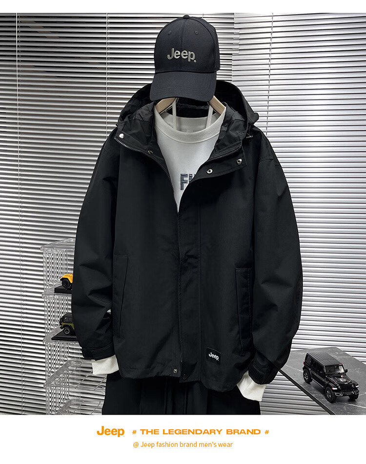 JEEP Men's Jacket, Spring And Autumn Casual Loose Windbreaker Workwear Clothing, Black, 3XL 13