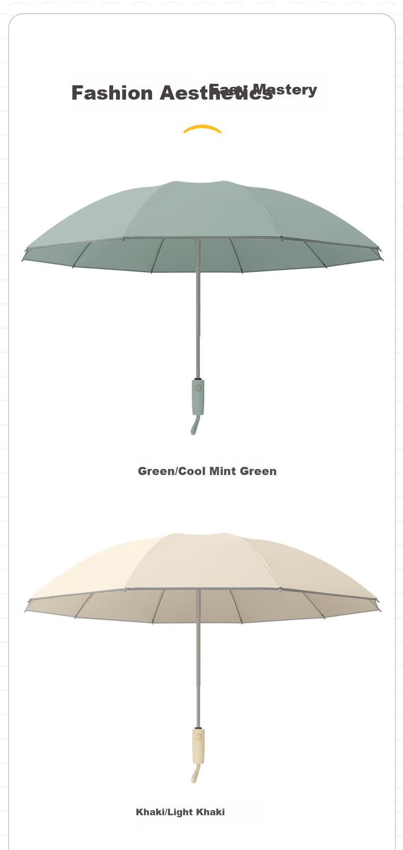 MAYDU Reverse Folding Umbrella, Three-Fold with 10 Ribs, Dual-Purpose for Sun And Rain, Double-Person Umbrella, M3362 Khaki Color 12