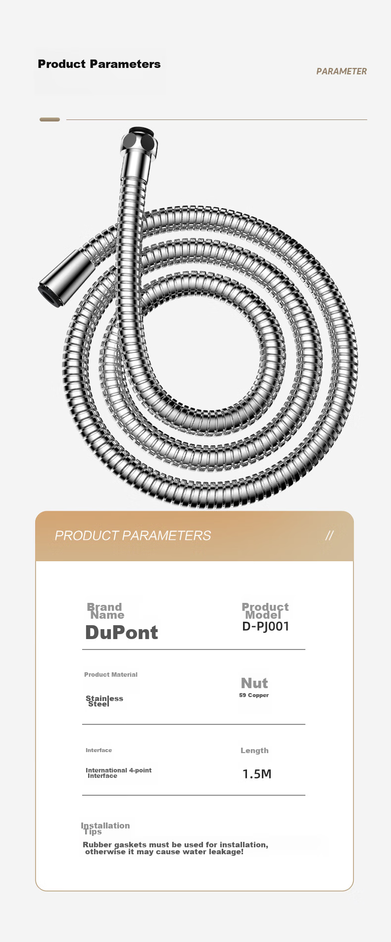 DU PONT DU PONT Handheld Shower Head Hose, 304 Stainless Steel, 1.5 Meters Long, Shower Head Hose D-PJ001 8