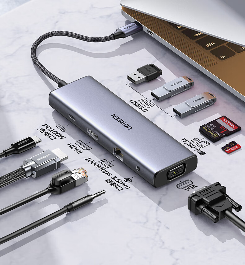 UGREEN Type-C Expansion Dock, USB Hub, HDMI/VGA Port Adapter, Card Reader, Compatible with Apple MacBook Air, Huawei, Lenovo Laptops 7