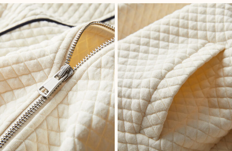 Dme Knitted Chanel-Style Spring And Autumn Baseball Collar Long-Sleeve Zipper Slightly Stretchy Quilted Jacket for Women, Short Style, Off-White, M 12