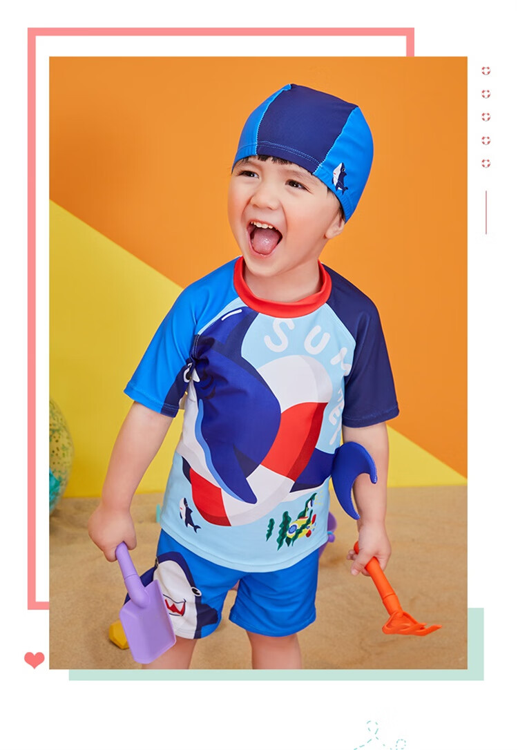 Lemonkid Children's Two-Piece Swimsuit Set for Boys And Girls, Baby Swimwear with Trunks, Sea Blue Funny Shark Design, Size 130 15
