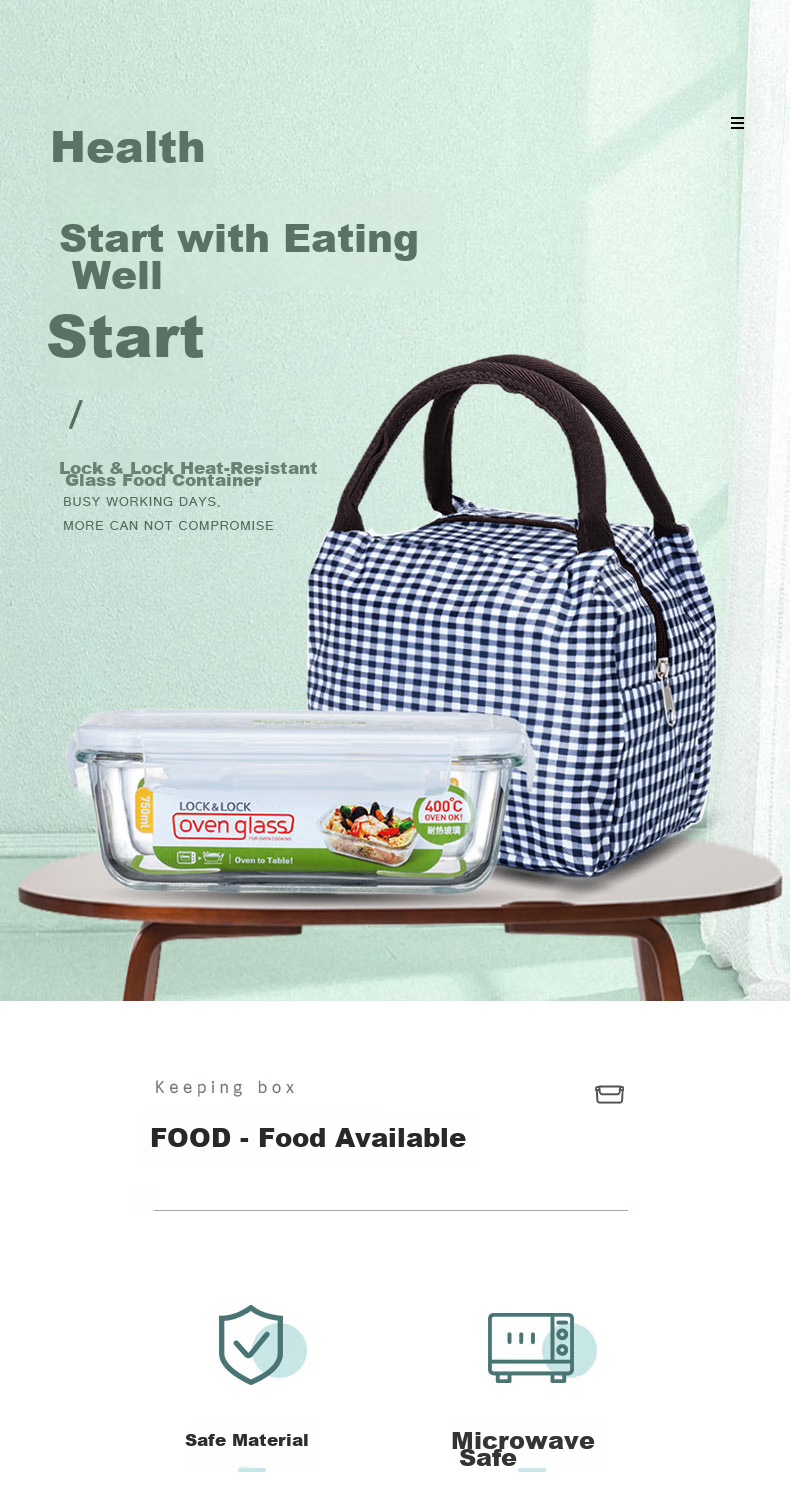 LOCK&LOCK Large Capacity Heat-Resistant Sealed Glass Food Storage Container, Lunch Box for Snacks And Fruits, with Lunch Bag, 750ml 1