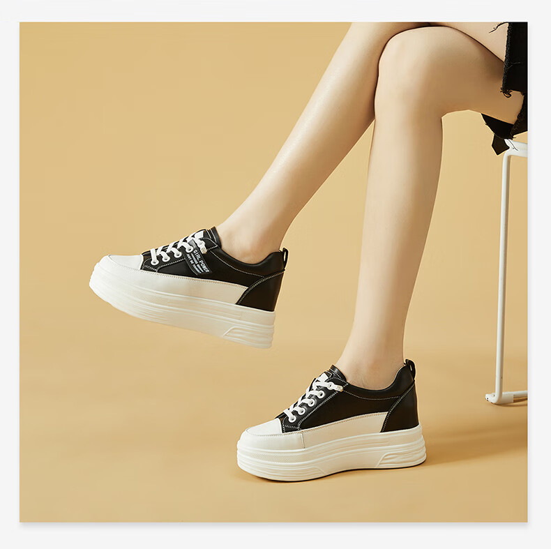 DAPHNE Women's White Leather Versatile Thick-Soled Casual Sneakers with Hidden Heel, Style 4623101013, Black, Size 34 8