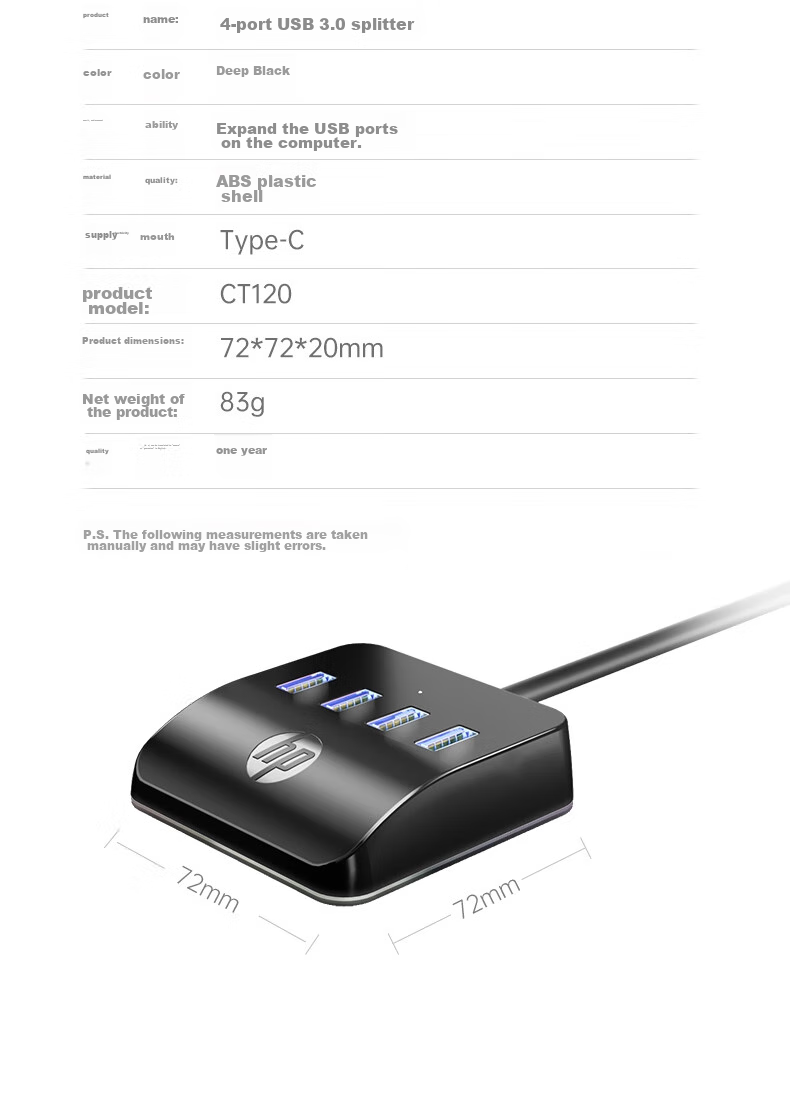 HP USB Hub Splitter Docking Station, High-Speed 3.0 One-To Multi-Port, USB Extension Cable, Laptop Adapter Converter, Desktop Expansion Dock, 0.5m 16