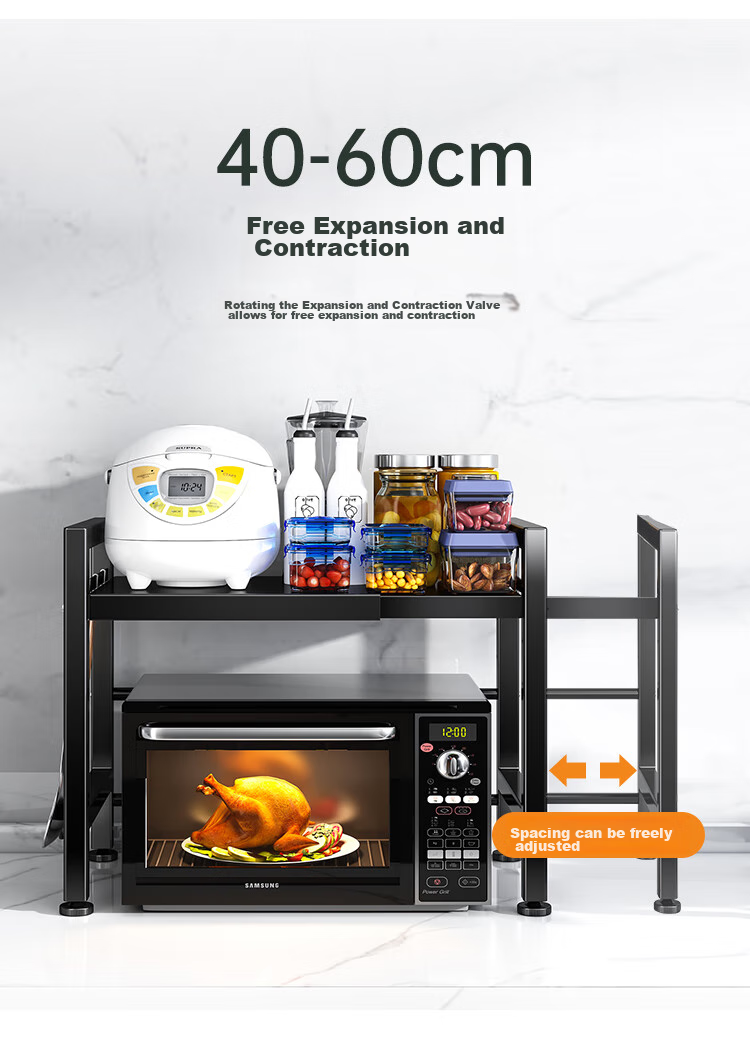 QIAONAMEI Kitchen Storage Rack, Extendable Microwave Oven Rack, Oven Shelf, Countertop Storage Rack, Double-Layer 7230-BK(C) 7
