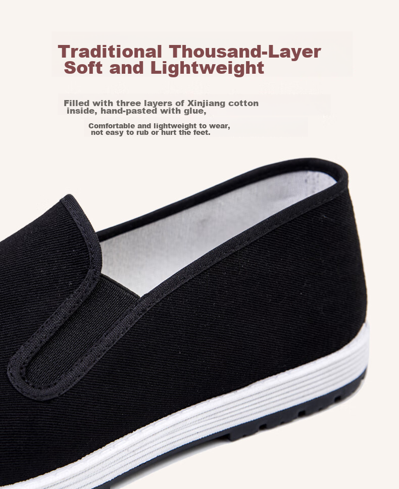 IQGD Traditional Cloth Shoes for Men, Old Beijing Style Casual Low-Top Shoes with Thousand-Layer Sole Slip-On Elderly Shoes 052 Black Size 39 8