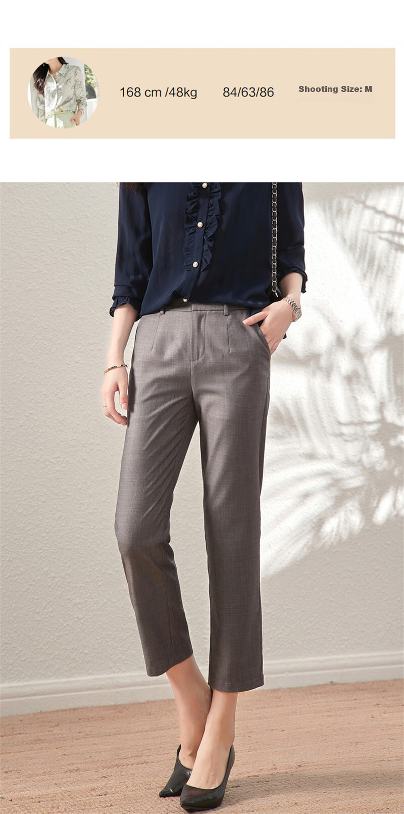 Dme Cropped Pants for Spring And Autumn, New Straight-Leg Suit Pants with Fake Pockets, Casual Trousers for Women, Khaki, S 47
