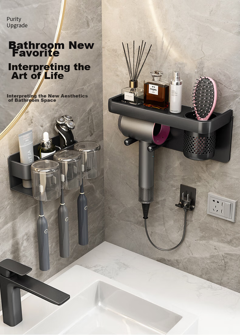 MUYA Hair Dryer Holder, No Drilling Required, Bathroom Aluminum Alloy Bracket with Hooks, for Dyson And Other Electric Hair Dryers 1