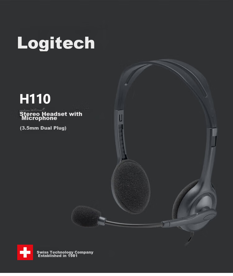 Logitech H110 [Enterprise Grade] Stereo Office Headset with Microphone, 3.5mm Wired Over-Ear Headphones for Computer And Laptop [Order Bonus] 1