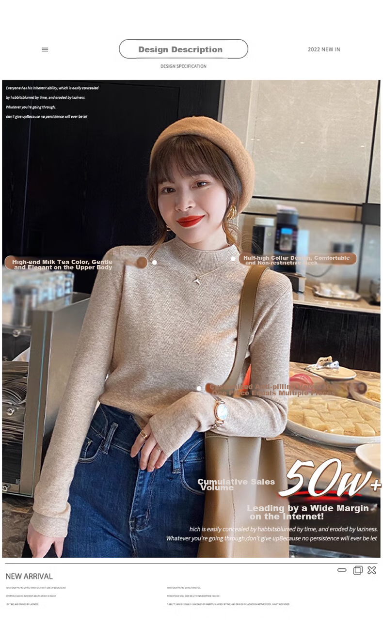 XUEXIMAN Semi-Turtleneck Base Layer for Women, Autumn And Winter Solid Color High-End Base Shirt, Versatile Slimming Knitted Sweater Suitable for Outer Wear 5
