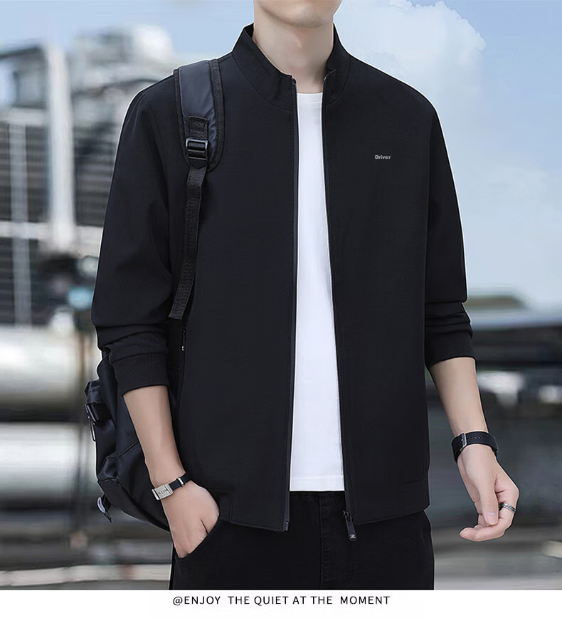 ROMON Jacket for Men, Autumn Outerwear, Stand-Up Collar Executive Business Jacket, Versatile Commuter Menswear ZH606 Black L 14