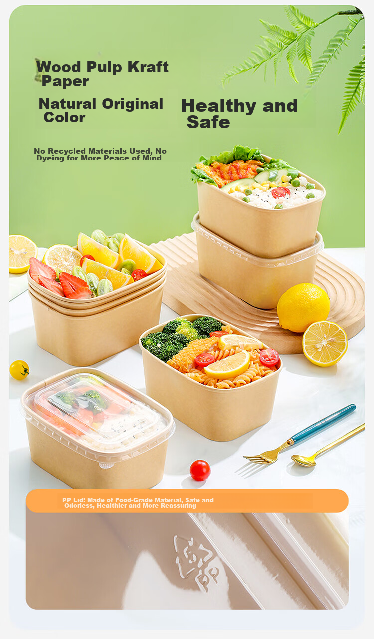 MARYYA Disposable Square Food Containers 1000ml*20 Sets, Food-Grade Picnic Takeout Fruit Kraft Paper Packaging Boxes with Lids 4