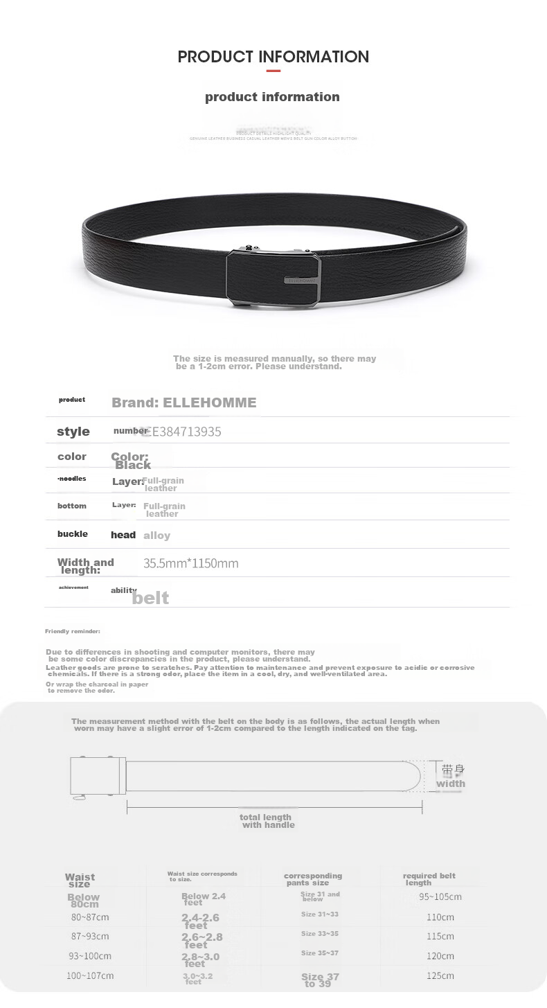 ELLE HOMME Men's Belt, Top-Grain Leather Automatic Buckle Waistband, Business Formal Trouser Belt, Birthday Gift for Boyfriend 7