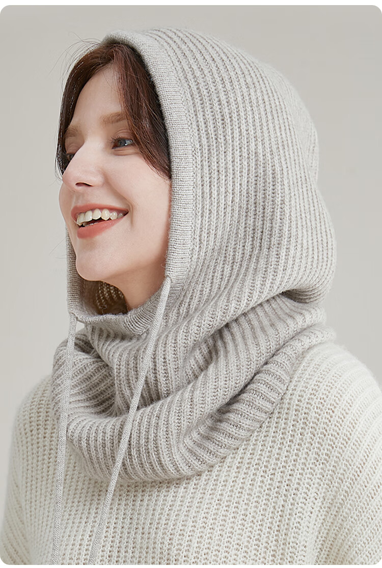 JIUMU Pure Wool Warm Knit Hat for Women, Autumn And Winter Balaklava Knitted Cap, Cold-Proof Hood with Integrated Neck Warmer 14