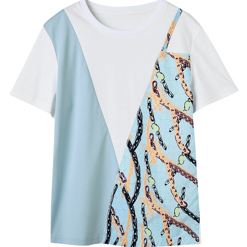 Dme Colorblock Cotton-Spandex Knit Women's T-Shirt Spring Summer Geometric Patchwork Short Sleeve Tee
