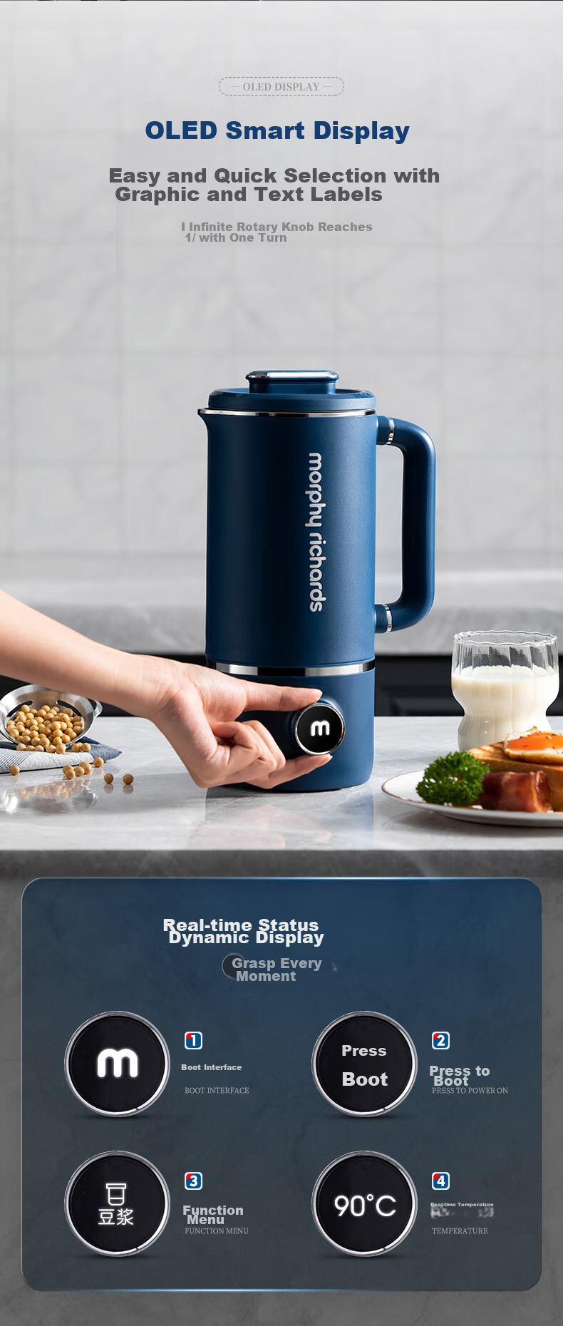 Morphyrichards High-Speed Blender Soy Milk Maker for Home Use, 1L Large Capacity, Quiet Operation, Multi-Grain, No Cooking Required, for 1-3 People, Smooth Texture, Filter-Free, Programmable, Baby Food Supplement, Multifunctional Food Processor MR8203 White 9
