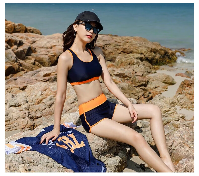 LangSha LangSha Women's Two-Piece Swimsuit Set, Conservative Style, Tummy Control, Slimming Effect, Instagram-Inspired Design, Suitable for Hot Springs, Bright Orange Color, Size L 14