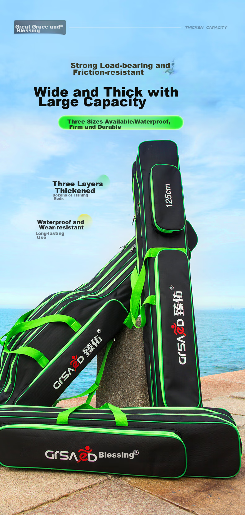 Grsaed Fishing Tackle Bag, Three-Layer 130CM Thickened Large Capacity Rod Case, Waterproof Platform Fishing Pole Bag, Hand Rod Bag, Black 1