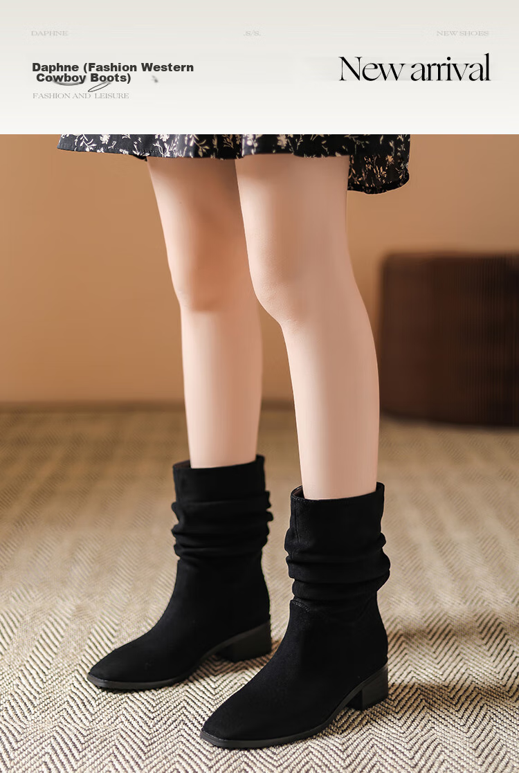 DAPHNE Western Cowgirl Boots for Women, Autumn And Winter Fashion Mid-Calf Chunky Boots, Retro Short Boots for Women, Khaki, Size 36 1