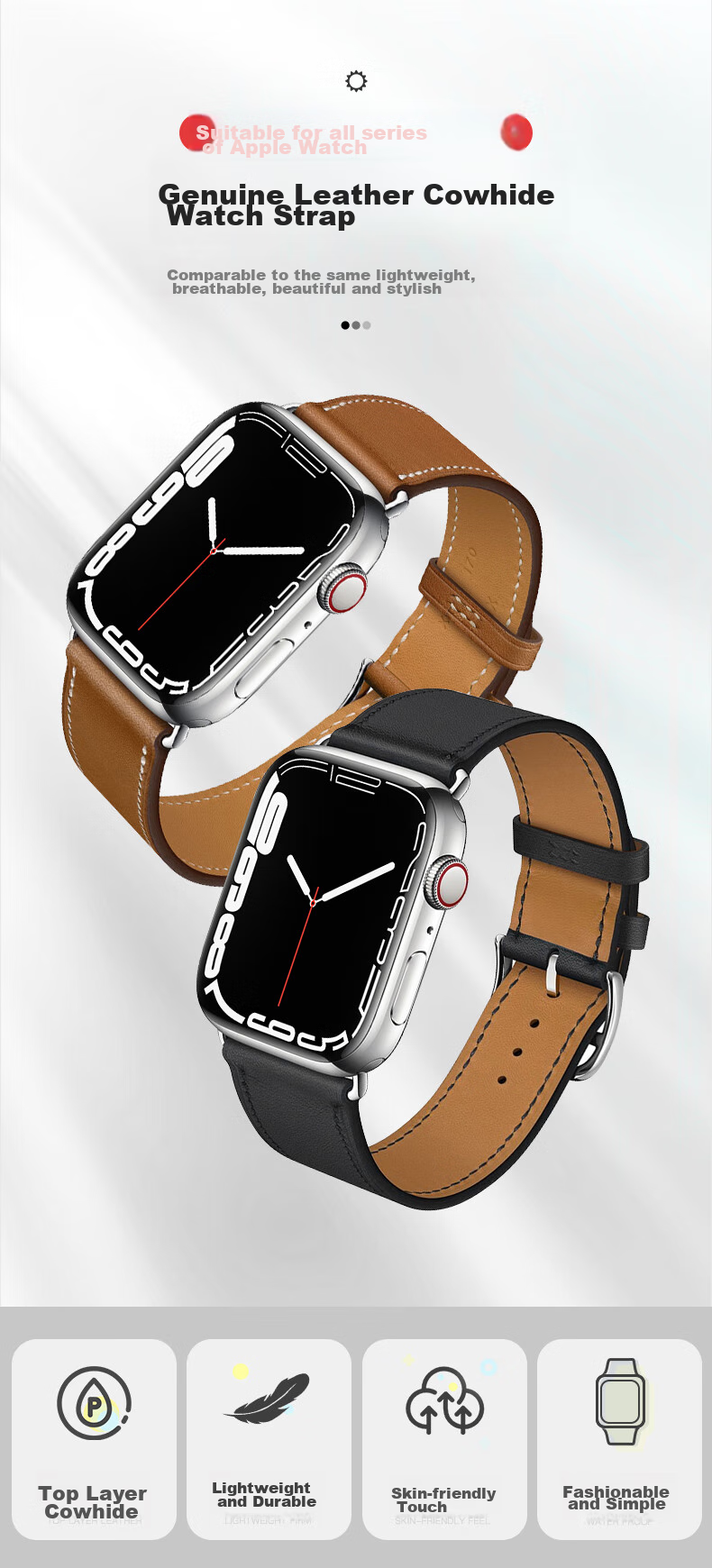 BHO Compatible Apple Watch Band, Suitable for Apple Watch S12/S11 Hermès Leather Strap, IWatch S10/9/8/7/6/Ultra4/SE3/2 Genuine Leather Strap 1