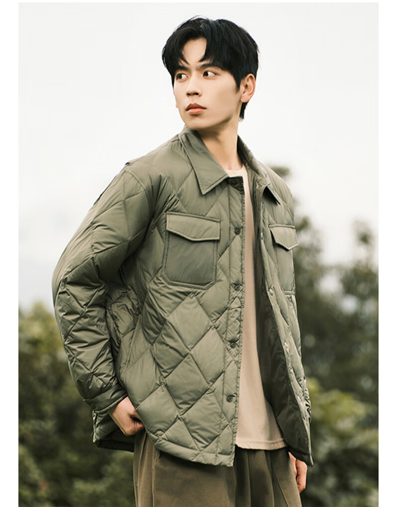 HIPANDA Men's down Jacket with Shirt Collar, Fashionable Thick Warm down Coat, Couple Matching Diamond Pattern Outerwear, Army Green, Size L 10