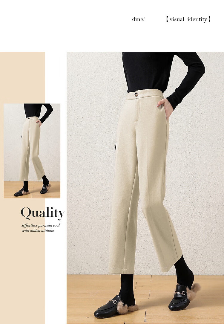 Dme [Brushed Cigarette Pants] Mid-Rise Straight-Leg Women's Trousers, Retro Casual Style, Beige, XL 7