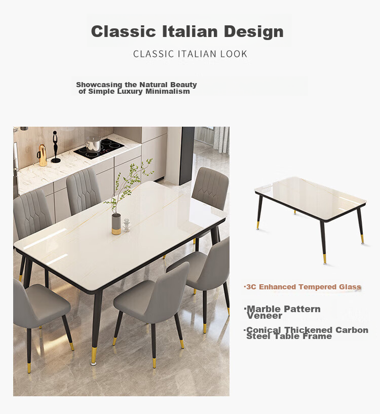 Fanshe Dining Table Set for Home Use, 4-6 Person Table with Chairs, Rock Slab Pattern Glass Small Apartment Dining Table And Chair Set 2