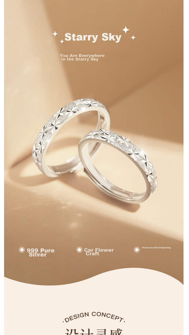 MANHE S999 Sterling Silver Couple Rings, One Pair of Engagement Diamond Rings, Adjustable Women's And Men's Birth Ring, Valentine's Day Gift 1