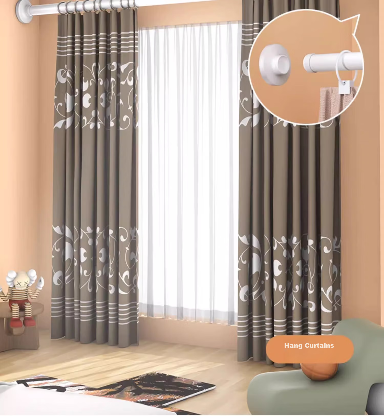 YOUQIN Retractable Clothes Drying Rod, No Drilling Required, Balcony Clothes Rack Support Rod, Wardrobe Hanging Rod, Single Rod for Home Use, Curtain Rod 12
