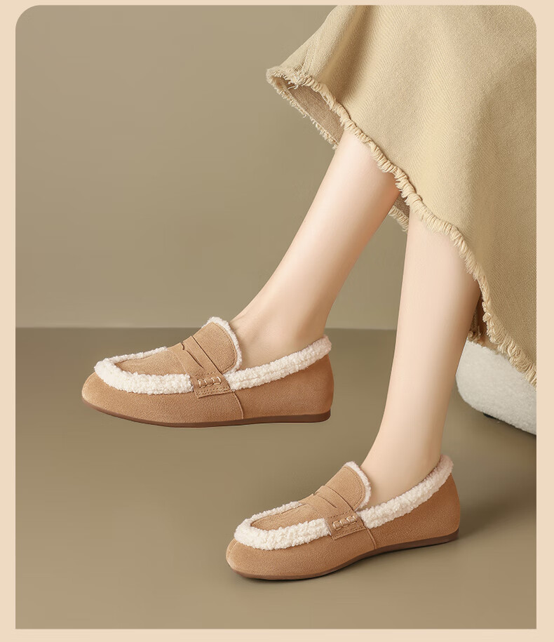 ZHR Bokeng Women's Shoes, 2025 Winter New Style, Fleece-Lined Loafers, Women's Flat Cotton Shoes, Maternity Shoes, EH116B, Khaki, Size 39 19