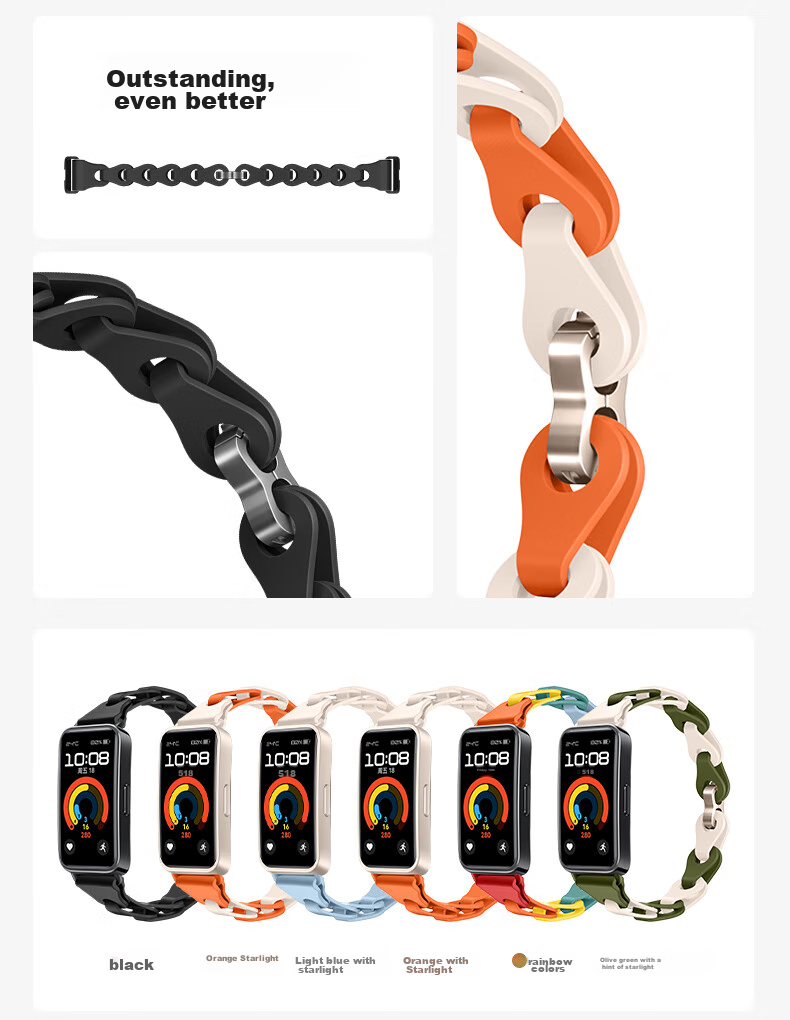 Binghong Compatible with Huawei Band 10 Strap, Bracelet for Huawei Band 8, Women's Strap for Huawei Band 9, Silicone Strap for Huawei Band 8 9 10 NFC, Men's Wristband - Orange Starlight 4