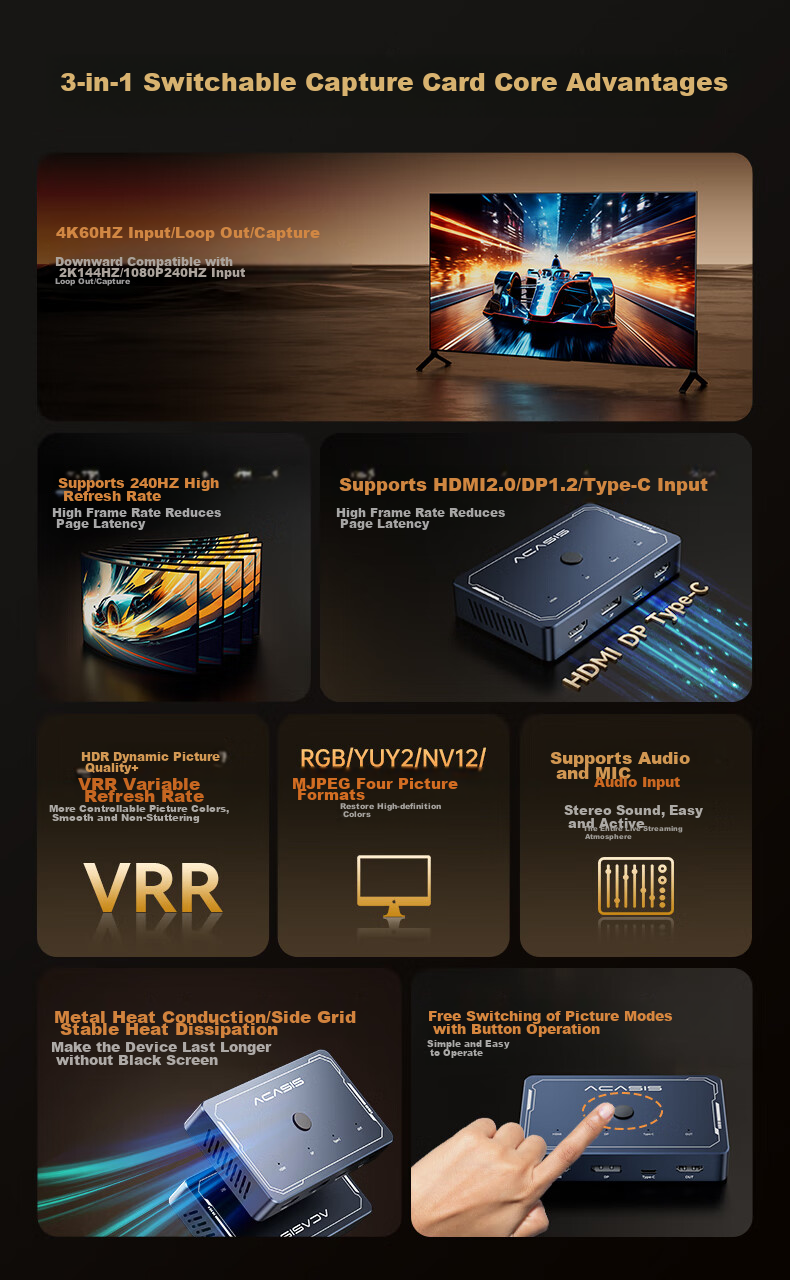 Acasis Video Capture Card, 4K 60Hz HD Video DP Capture Card, Multi-Channel Live Streaming Dedicated Switcher for Studio, HDMI/DP/Type-C Compatible, Phone Camera Recording, VC-008 3