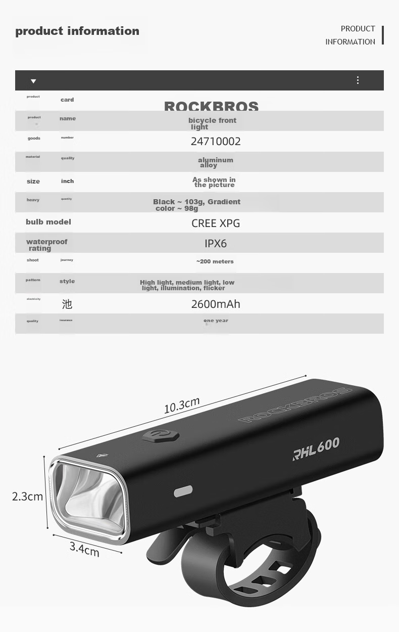 ROCKBROS Bicycle Front Light, High-Beam Night Riding Flashlight, USB Rechargeable, for Road And Mountain Bikes, Cycling Equipment 2