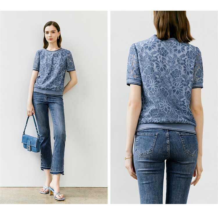 YANYEE Crochet Hollow Lace Top Women 2023 Summer Light Mature Style Short Loose T-Shirt Blue S/36 3