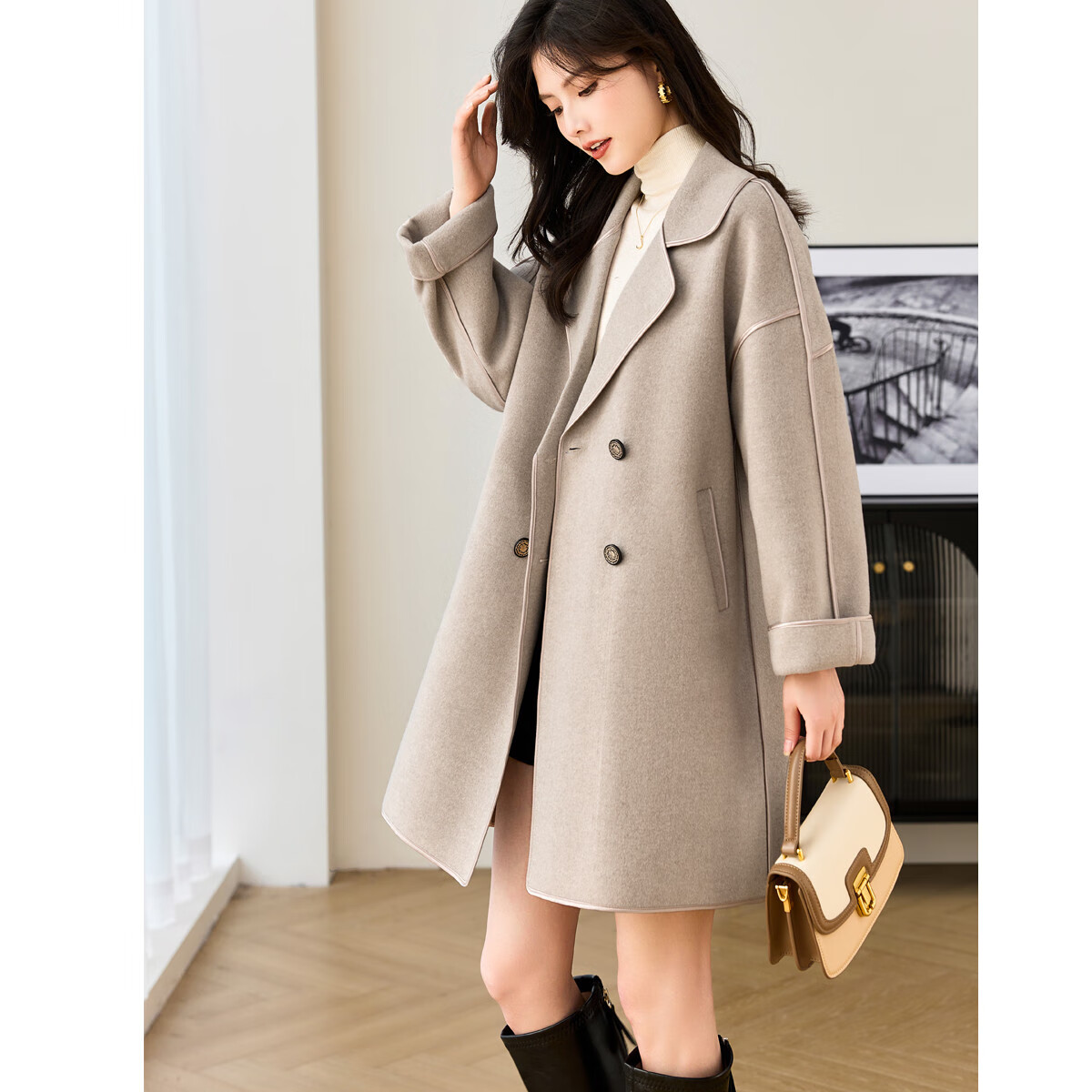 Dme Ladies Daily Autumn Winter Blazer Collar Straight Shoulder Drop Double-Breasted Double-Faced Wool Trimmed Mid-Length Coat for Women