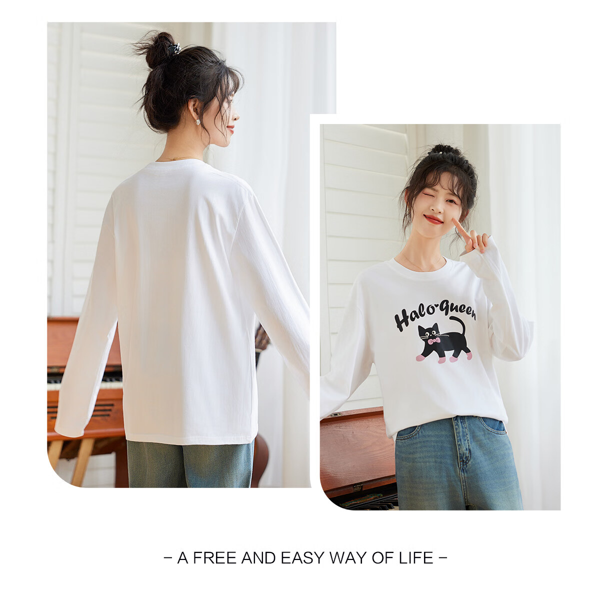 Halo Queen Women's Long Sleeve Cotton T-Shirt Spring Autumn Round Neck Letter Bow Print Casual Base Shirt New H143T2009 15