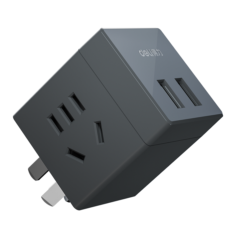 Deli Magic Cube Smart USB Socket, Travel Adapter Plug, Converter Plug/Magic Cube Socket/Magic Cube Converter, 2-Outlet 5-Hole + 2 USB, Wireless Magic Cube 33626, Dark Gray