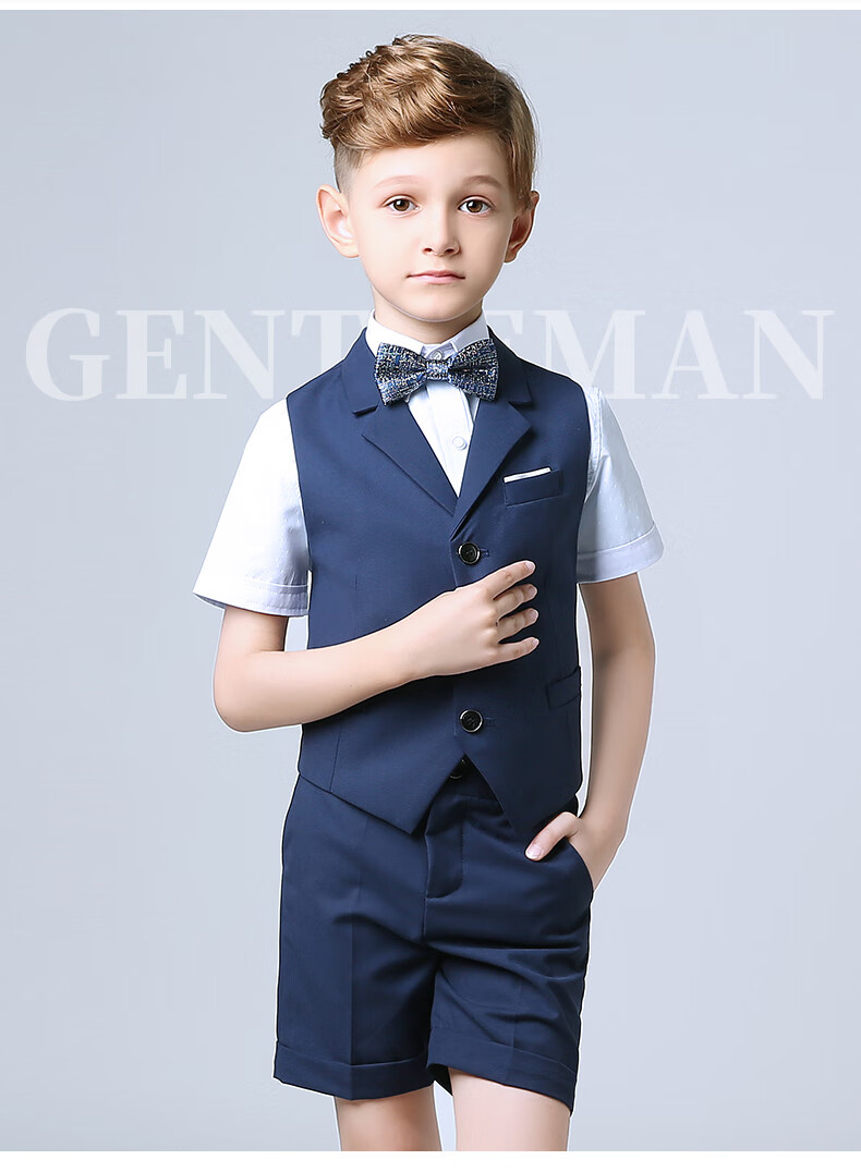 ROMON Boys' Suit, Formal Wear for Children's Holiday Performances, Vest Set for Hosting Weddings And Graduations, Navy Blue, Size 140 5